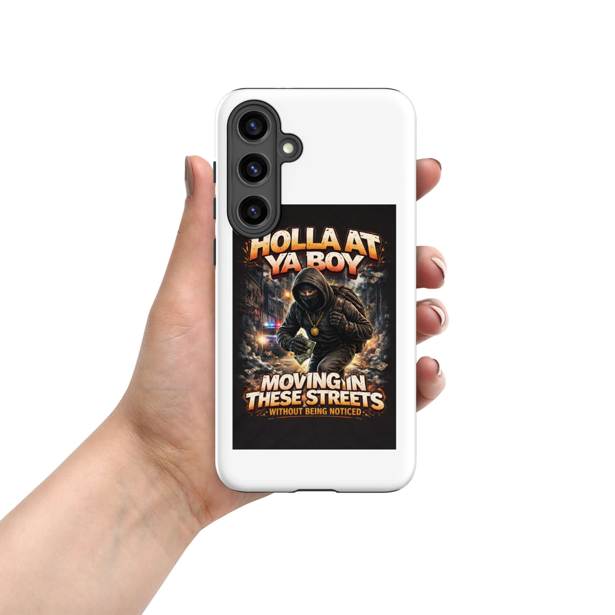 White phone case for Samsung featuring “Holla At Ya Boy” street artwork, buttons covered