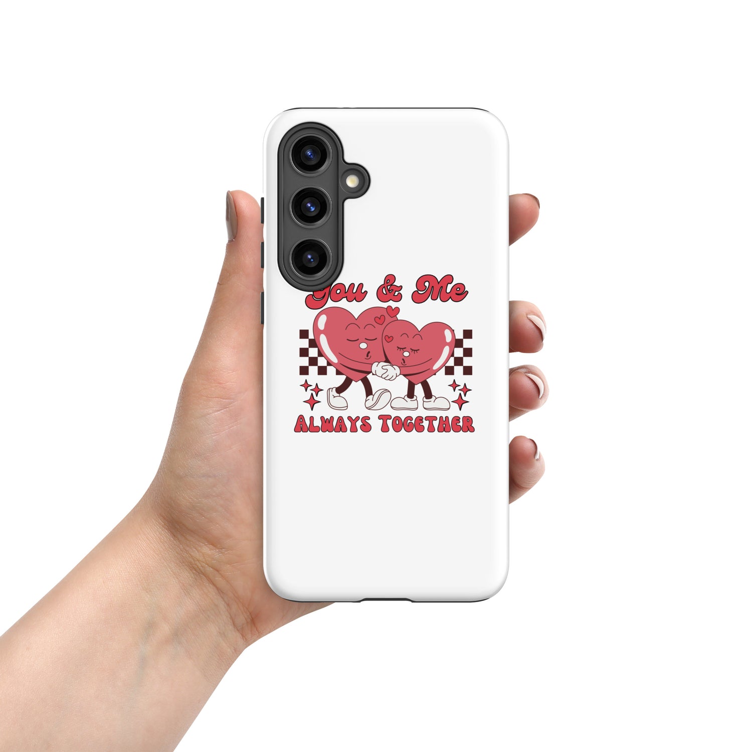 White phone case with red heart couple illustration, "Always Together" text on back