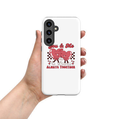 White phone case with red heart couple illustration, "Always Together" text on back