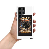 White tough phone case for Samsung® with graphic character panel