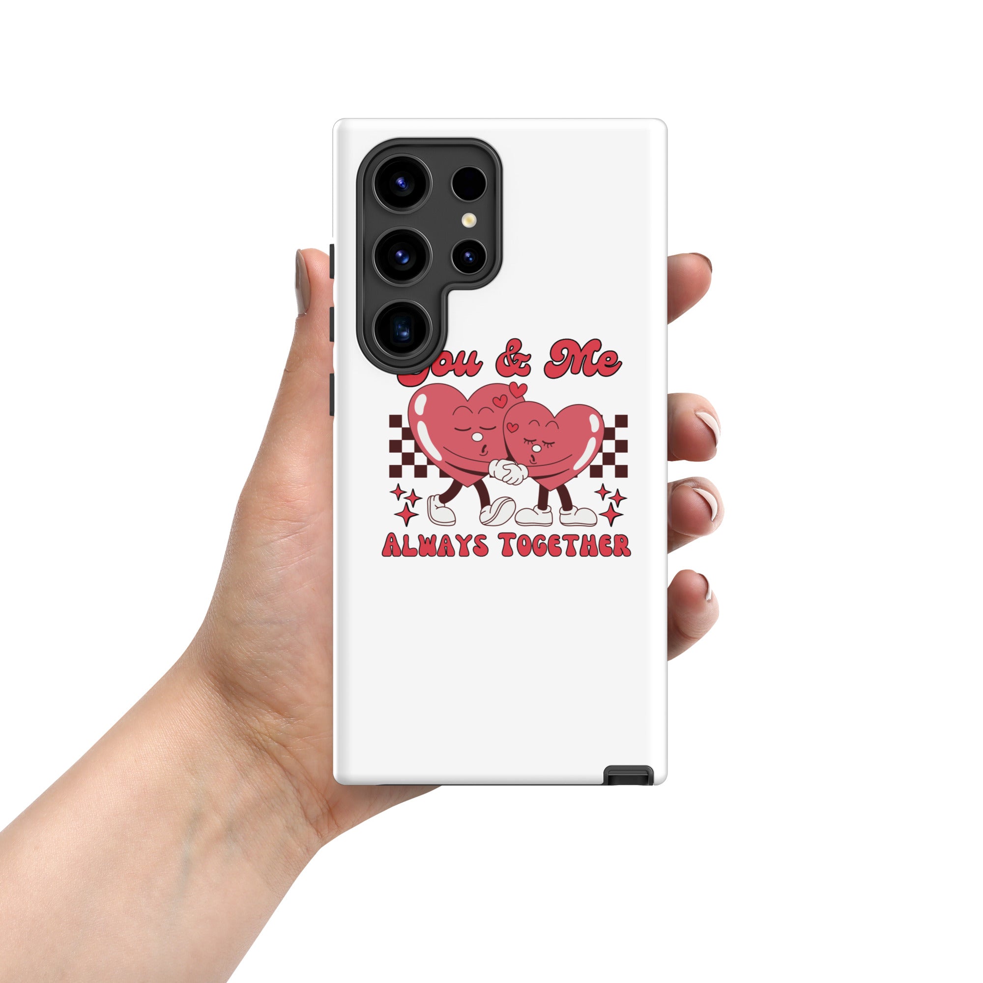 White tough case with red heart couple graphic and "You &amp; Me" lettering, side edge visible