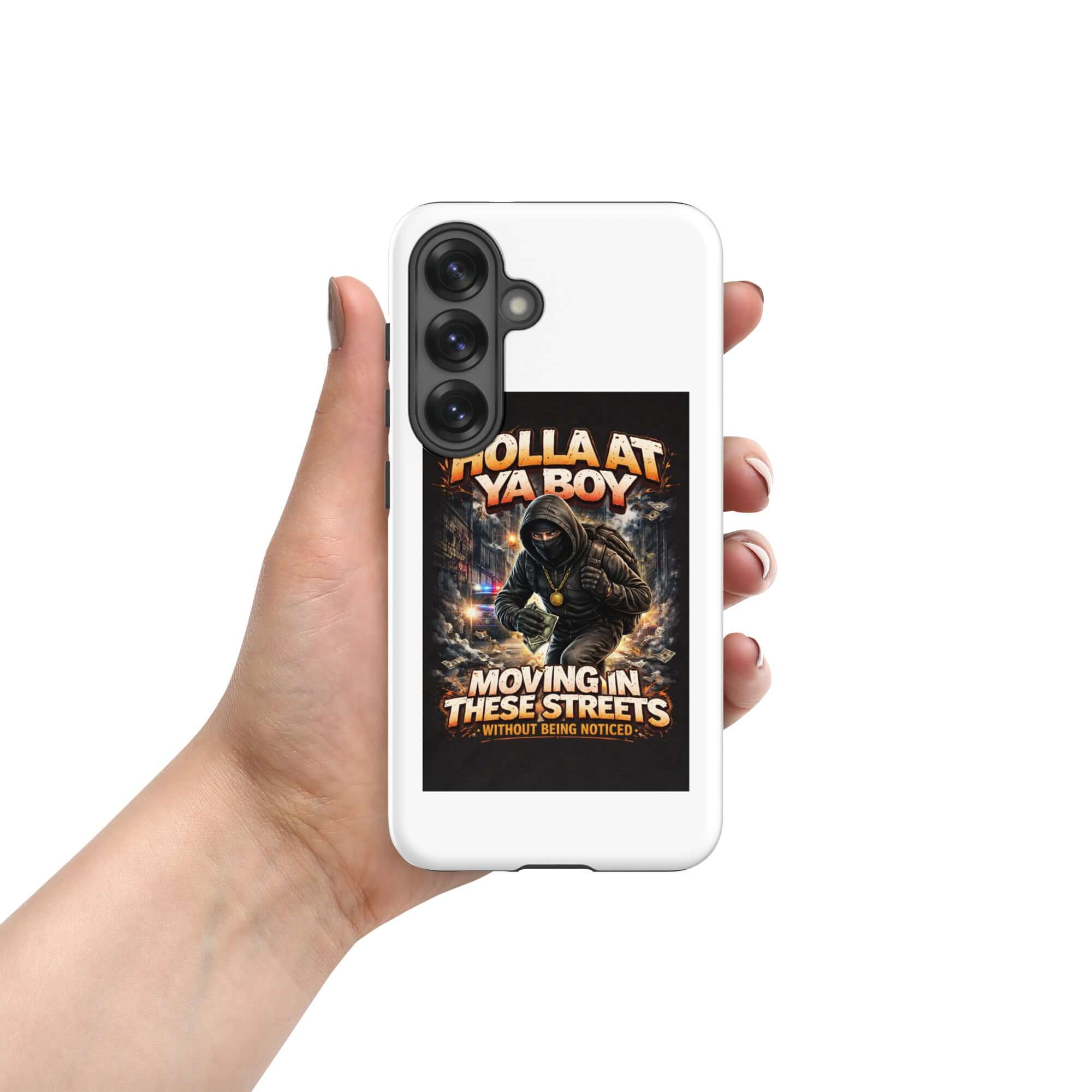 White tough Samsung phone case with camera cutouts and "Holla at Ya Boy" artwork