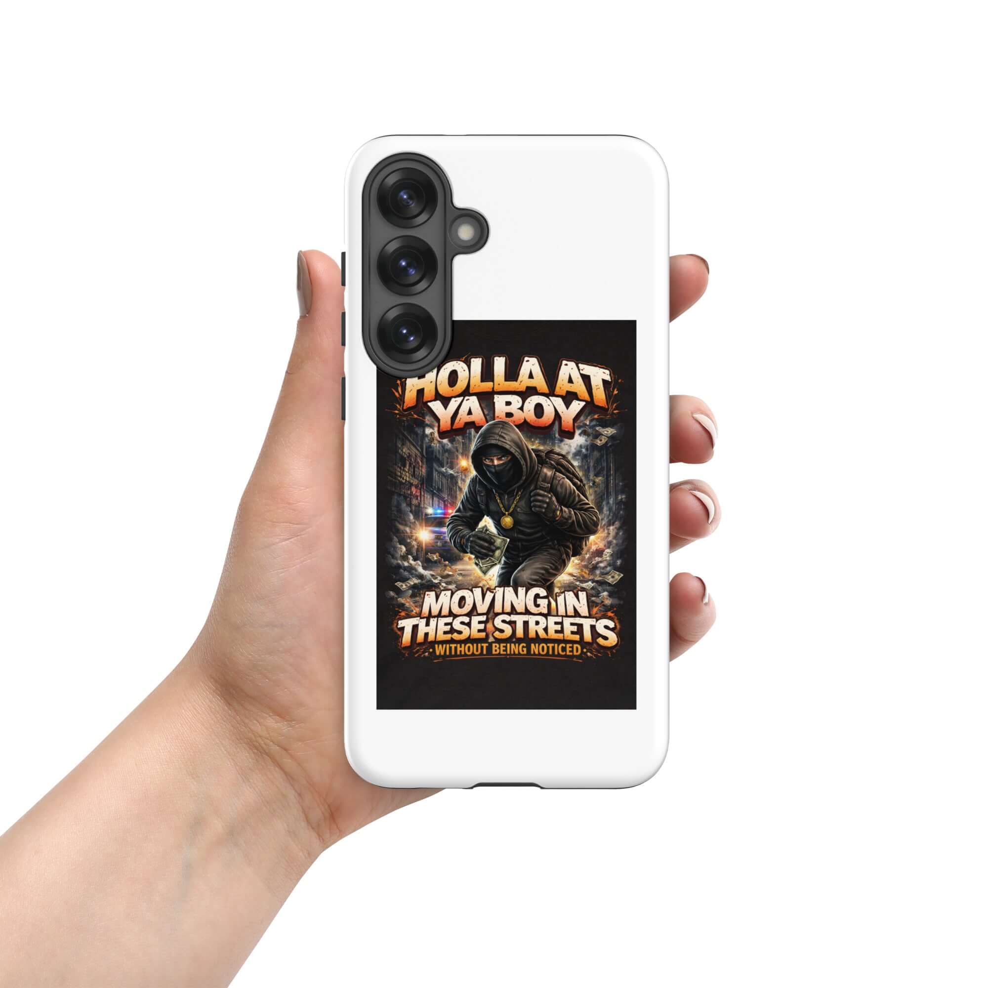 White tough Samsung phone case showing back graphic with camera cutouts