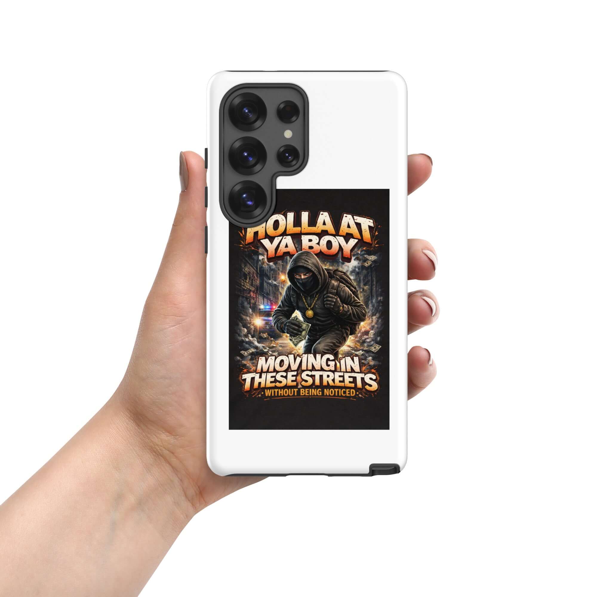 White tough phone case with raised edges and camera cutouts, street graphic on back