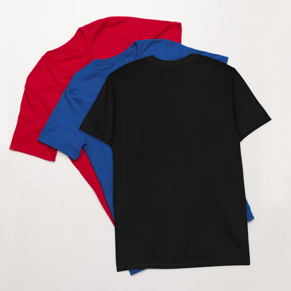 Plain black unisex T-shirt back view with red and blue tees behind