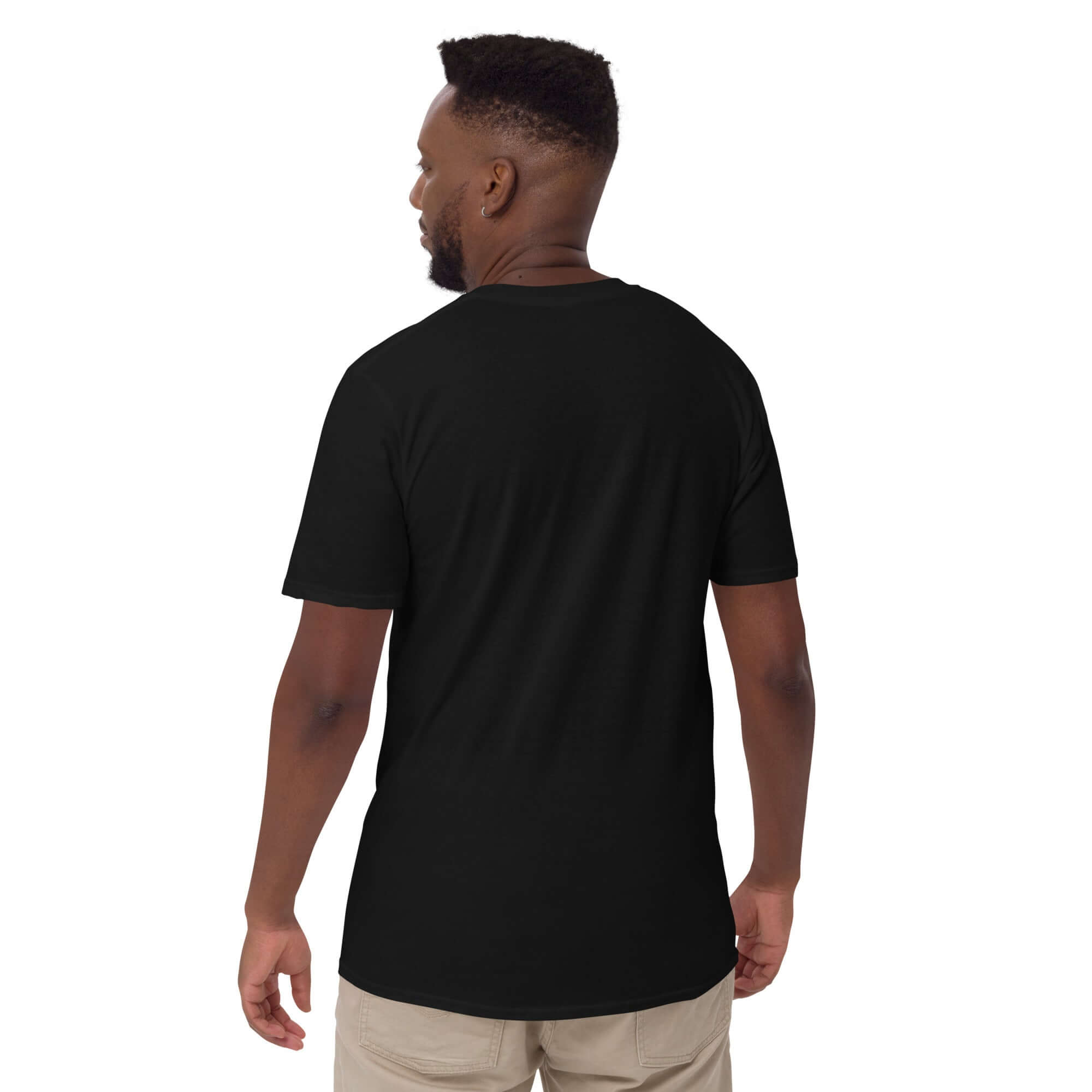Black unisex T-shirt from the back, plain back view with crew neck