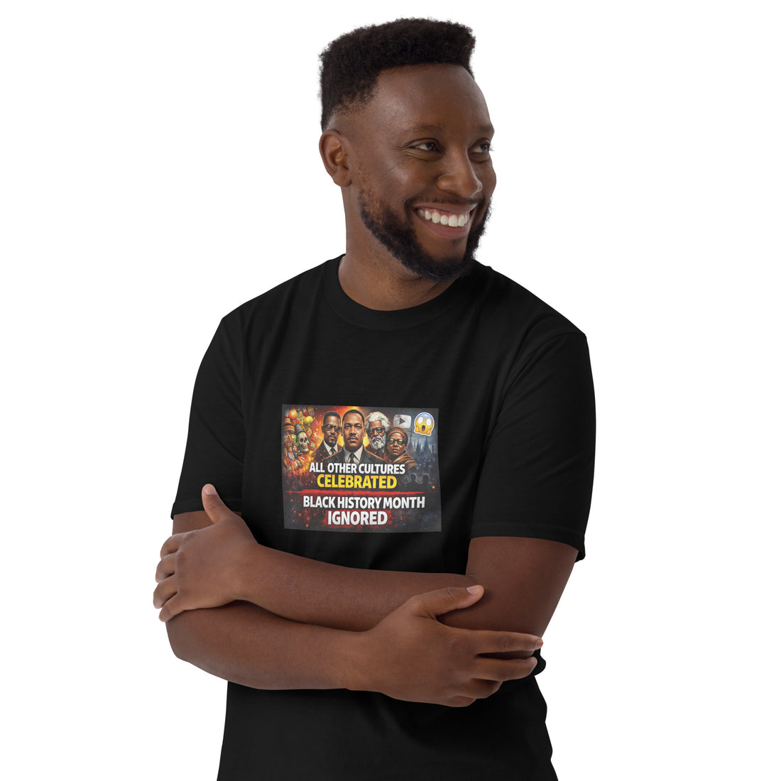 Black unisex short-sleeve T-shirt, centered “BLACK HISTORY MONTH IGNORED” print.