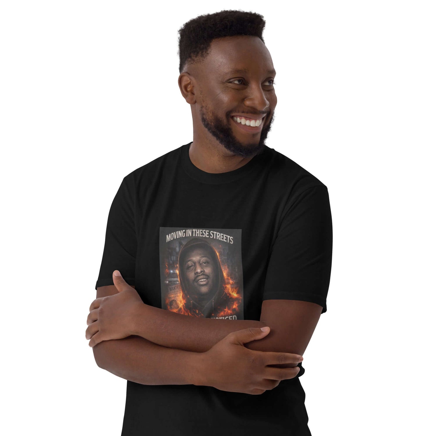 Black unisex T-shirt, front graphic shown with arms crossed
