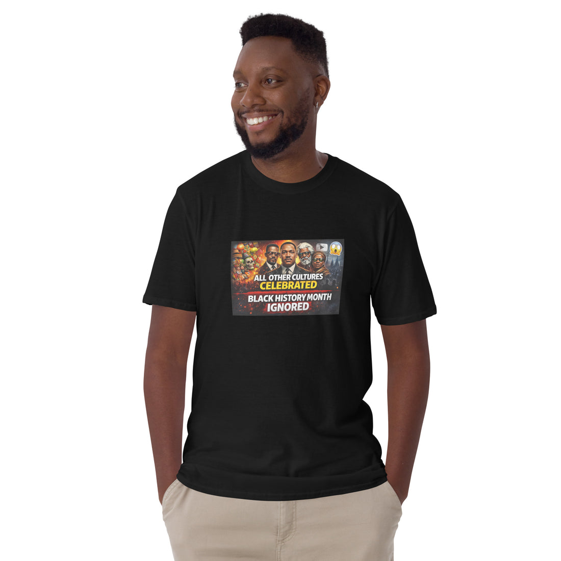 Black unisex short-sleeve T-shirt with centered “BLACK HISTORY MONTH IGNORED” graphic.