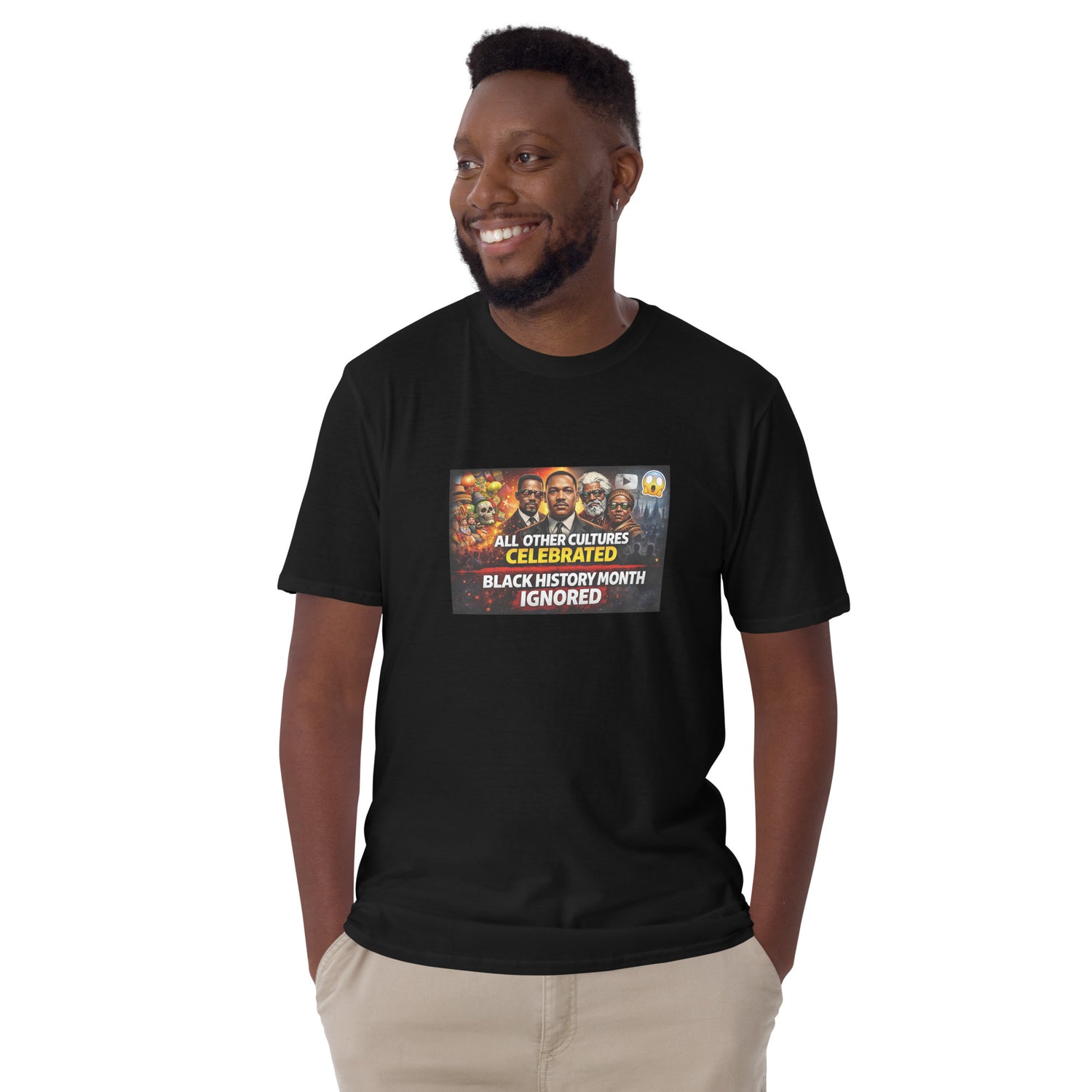 Black unisex short-sleeve T-shirt with centered “BLACK HISTORY MONTH IGNORED” graphic.