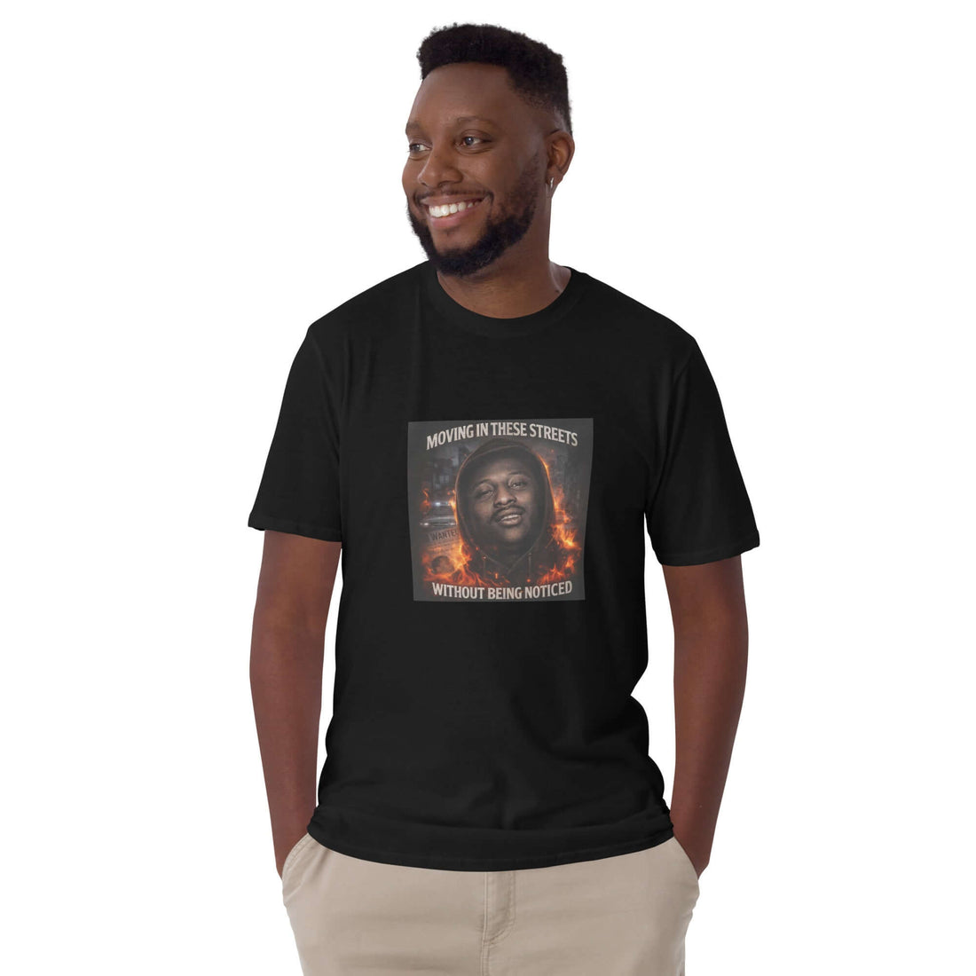 Black unisex T-shirt with front graphic print and crew neck