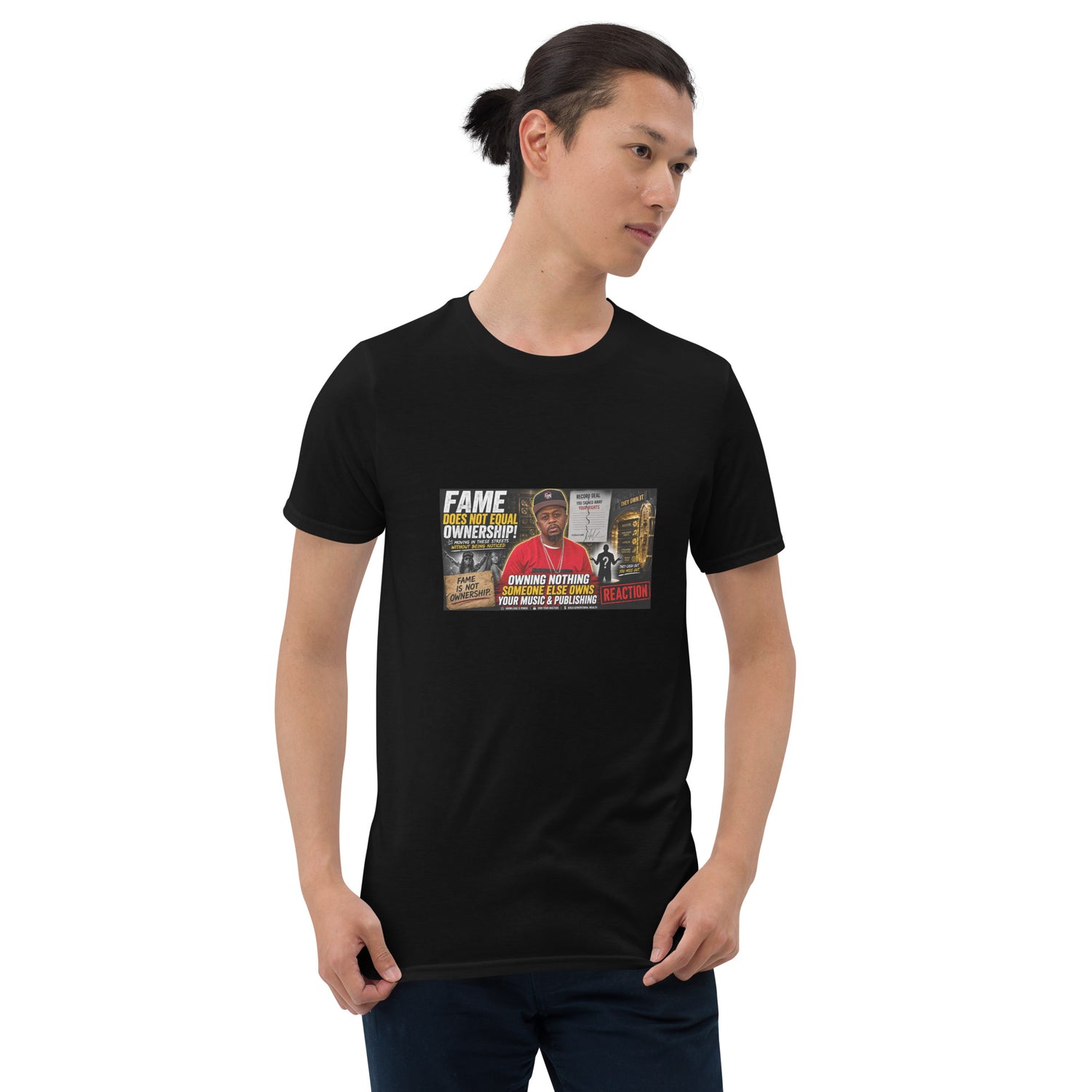 Black unisex short-sleeve T-shirt with colorful rectangular front graphic