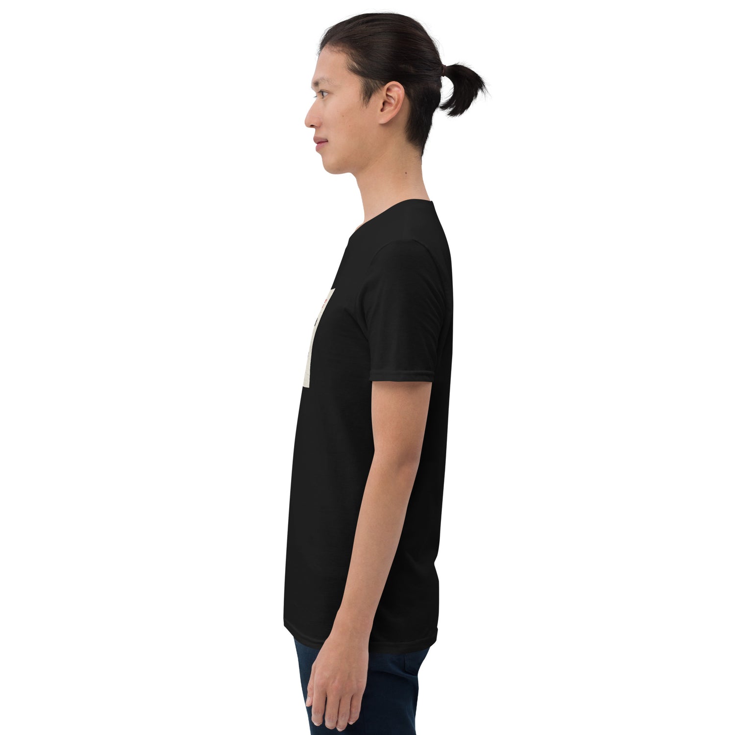 Black T-shirt side view with small partial front graphic