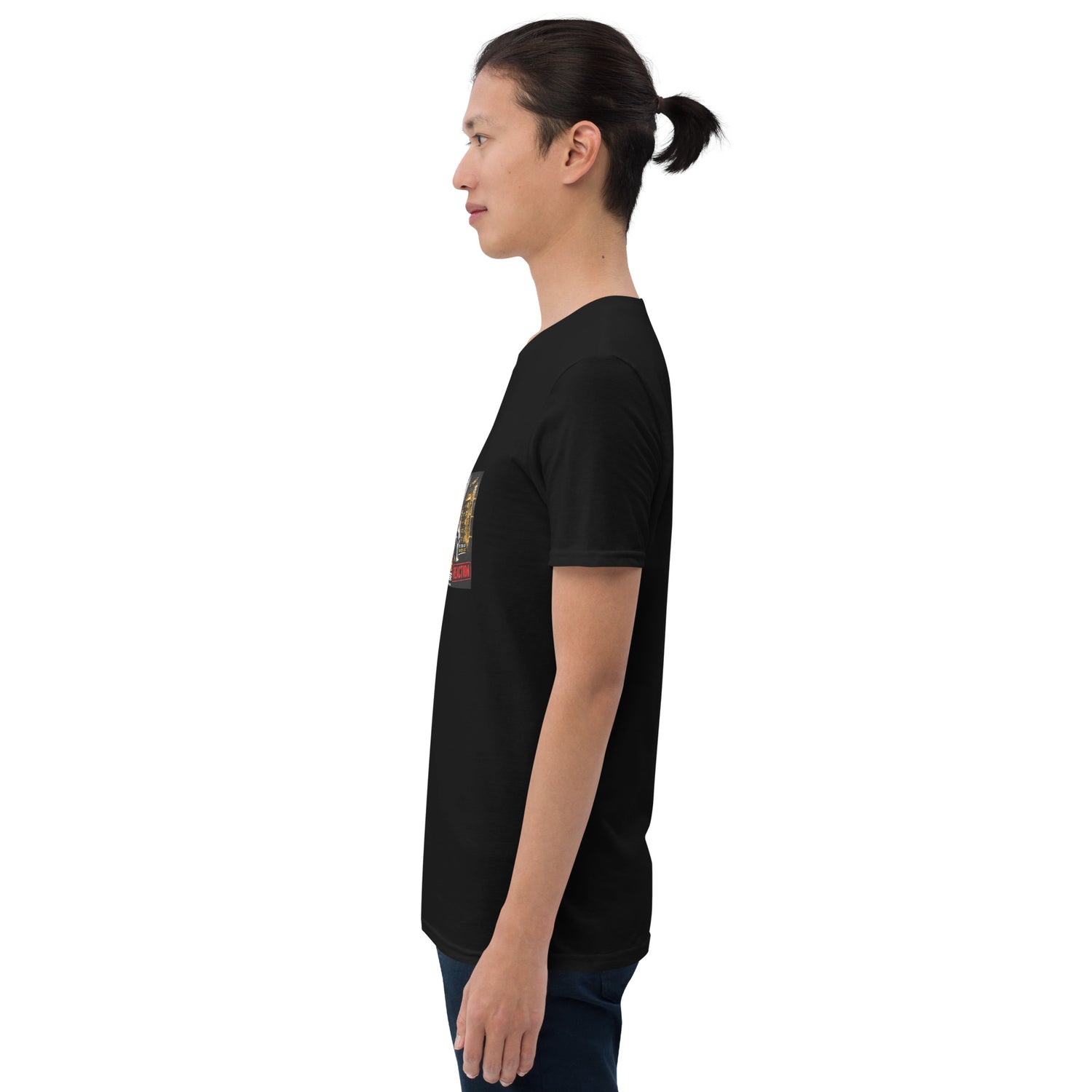 Black unisex short-sleeve T-shirt, side view with small graphic on sleeve