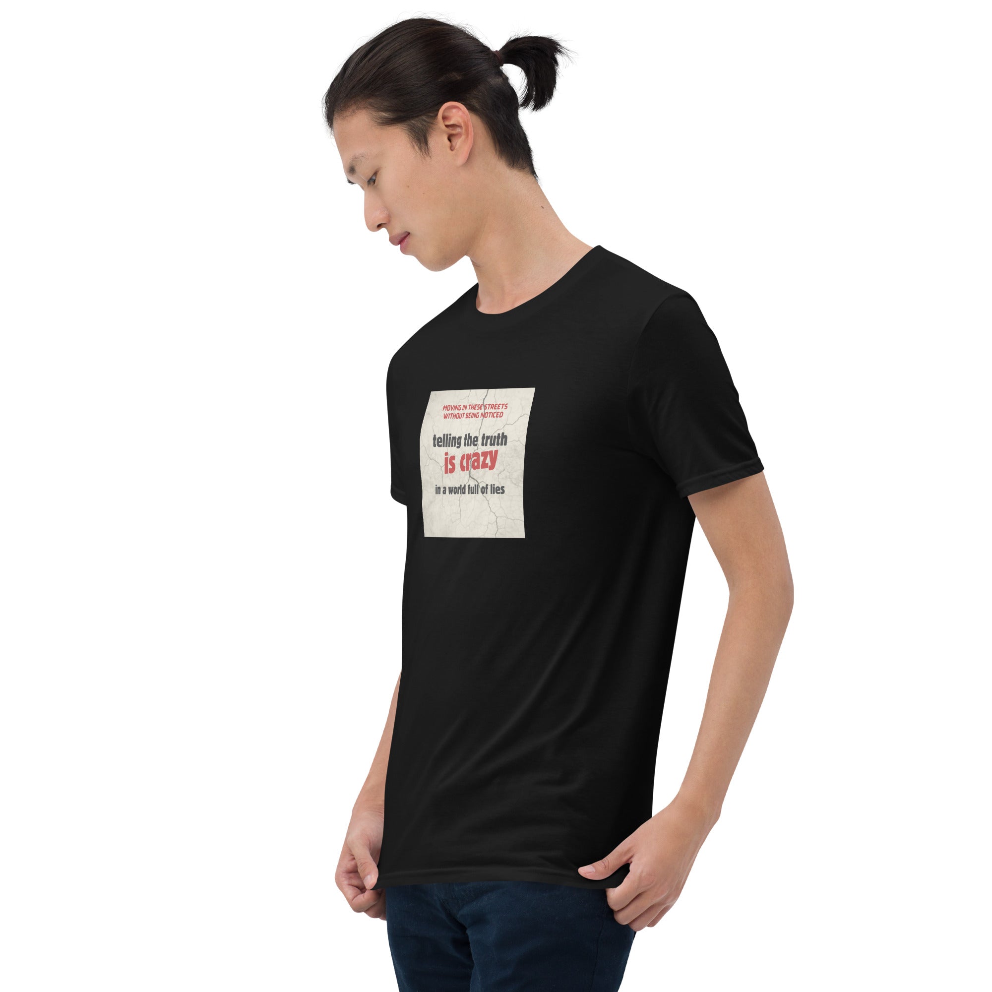 Black T-shirt front graphic close-up on chest