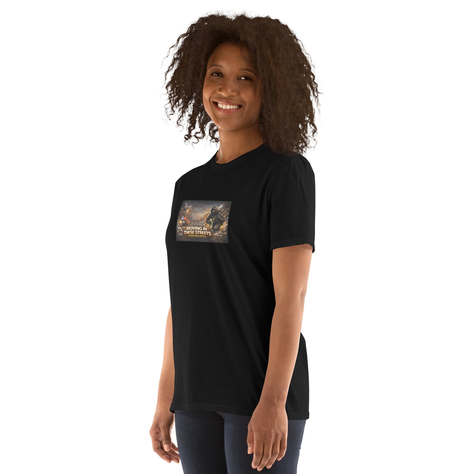 Black premium T-shirt with front graphic print centered on chest