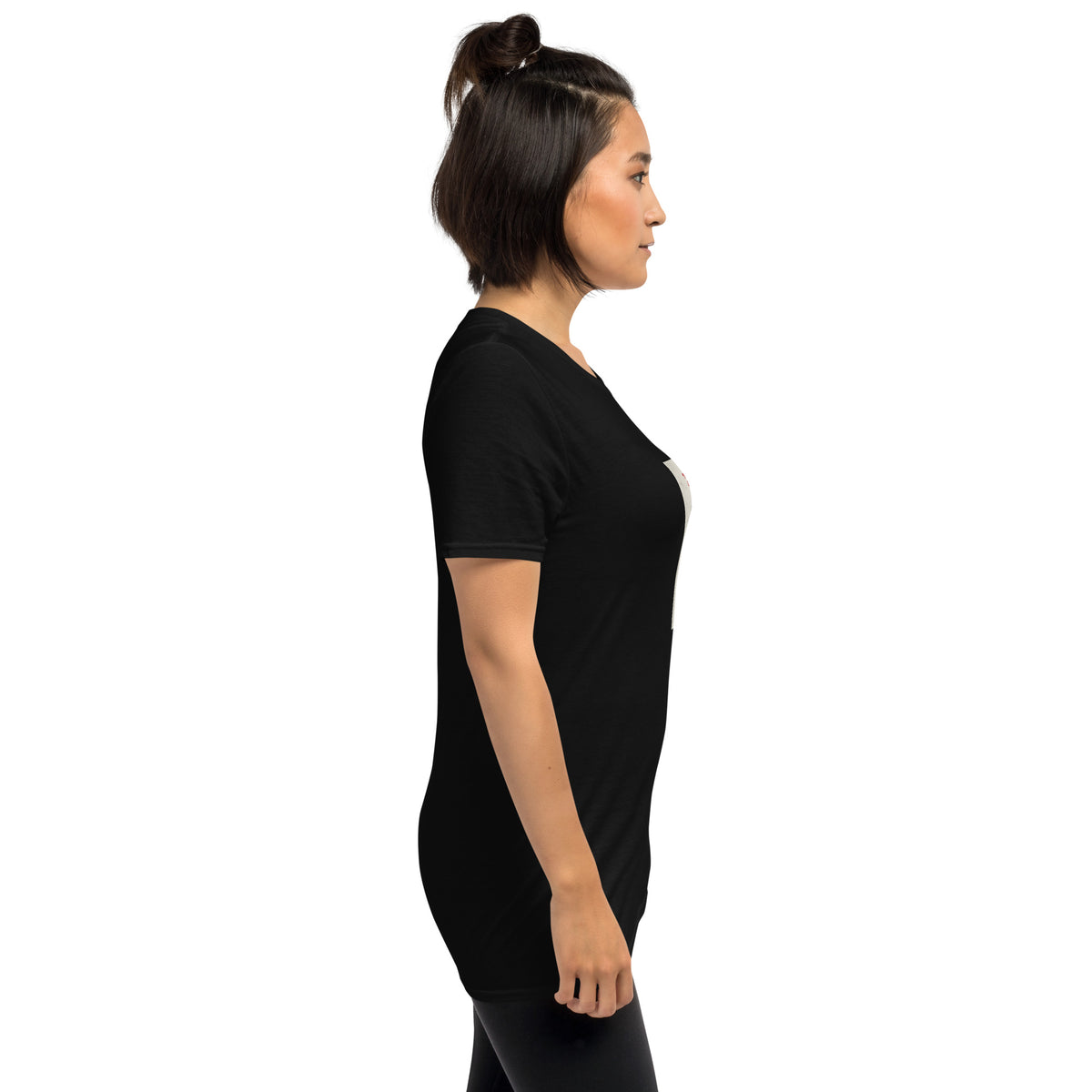 Black unisex T-shirt, side view, short sleeves and crew neck with front graphic