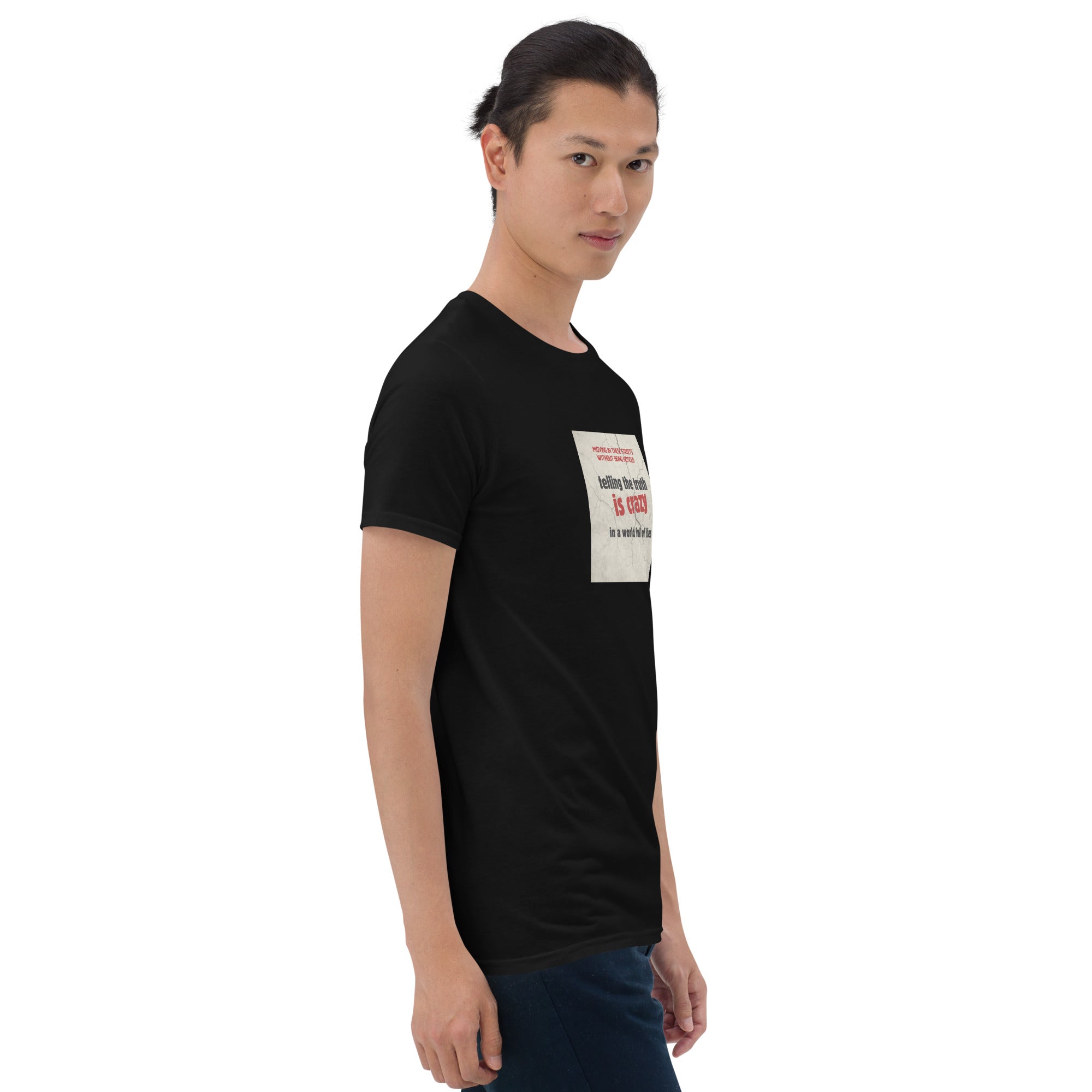 Black T-shirt front side view with square chest text graphic
