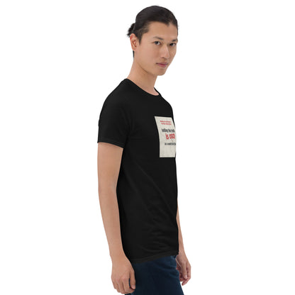 Black T-shirt front side view with square chest text graphic