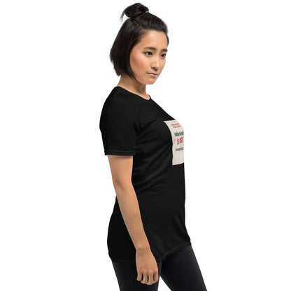 Unisex black graphic t-shirt, side view with small sleeve square text print