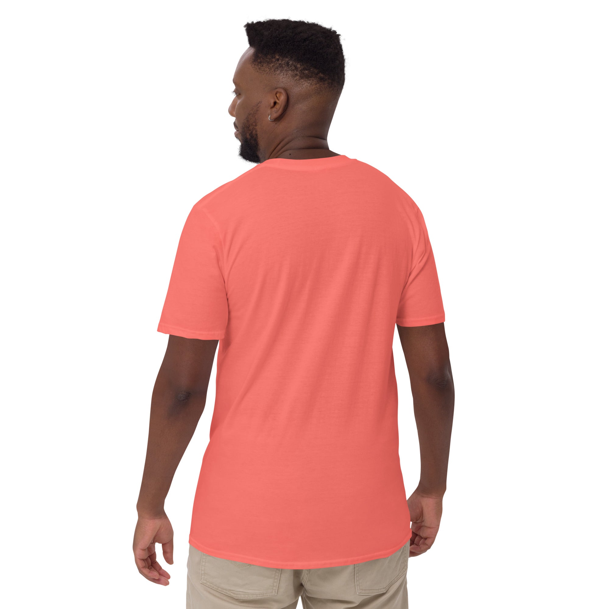 Coral red unisex T-shirt, back view, plain crew neck