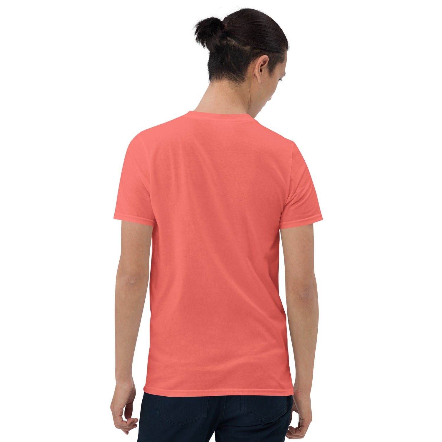 Coral unisex short-sleeve T-shirt, back view, crew neck, clean back without print.