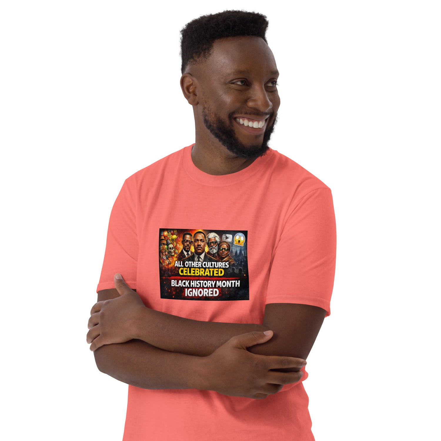 Coral unisex T-shirt front print: “Black History Month Ignored”