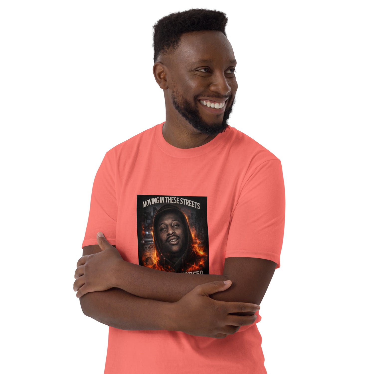 Coral red unisex T-shirt, front graphic print close-up