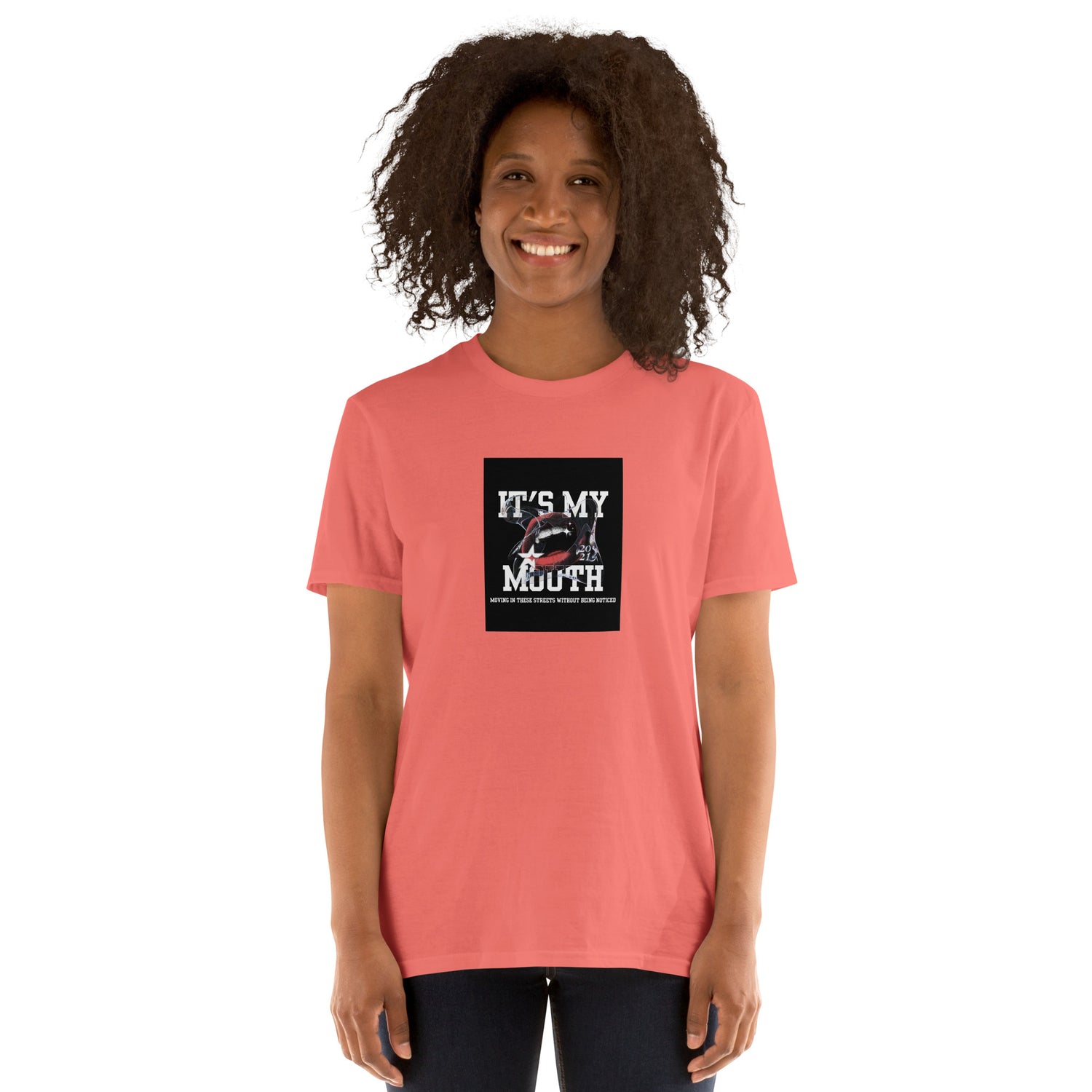 Coral unisex T-shirt with “It’s My Mouth” square chest graphic print