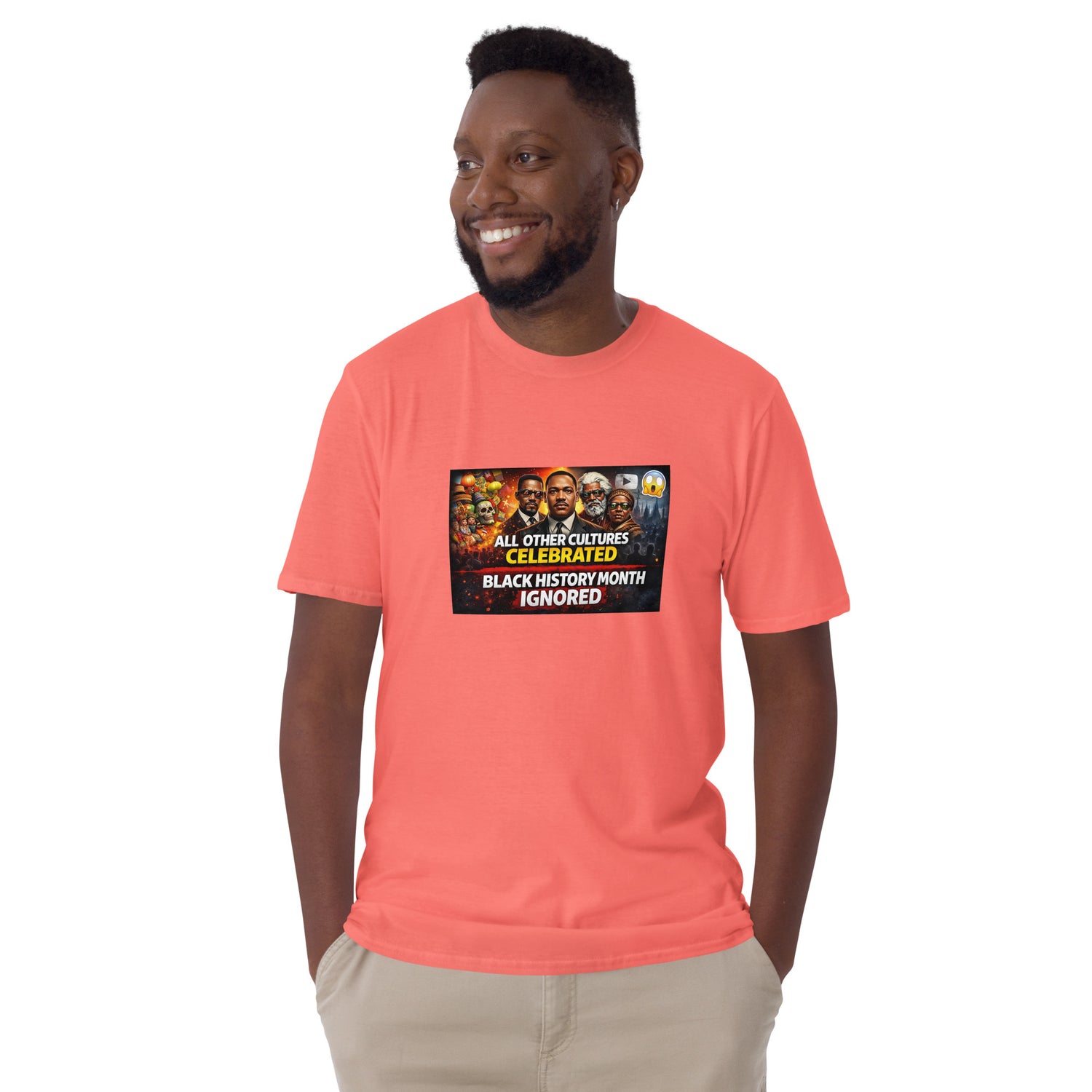 Coral unisex T-shirt with Black History Month graphic on chest