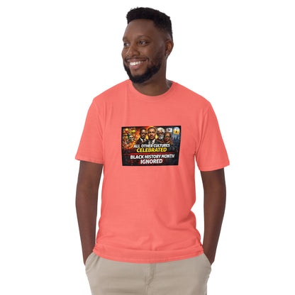 Coral unisex T-shirt with Black History Month graphic on chest