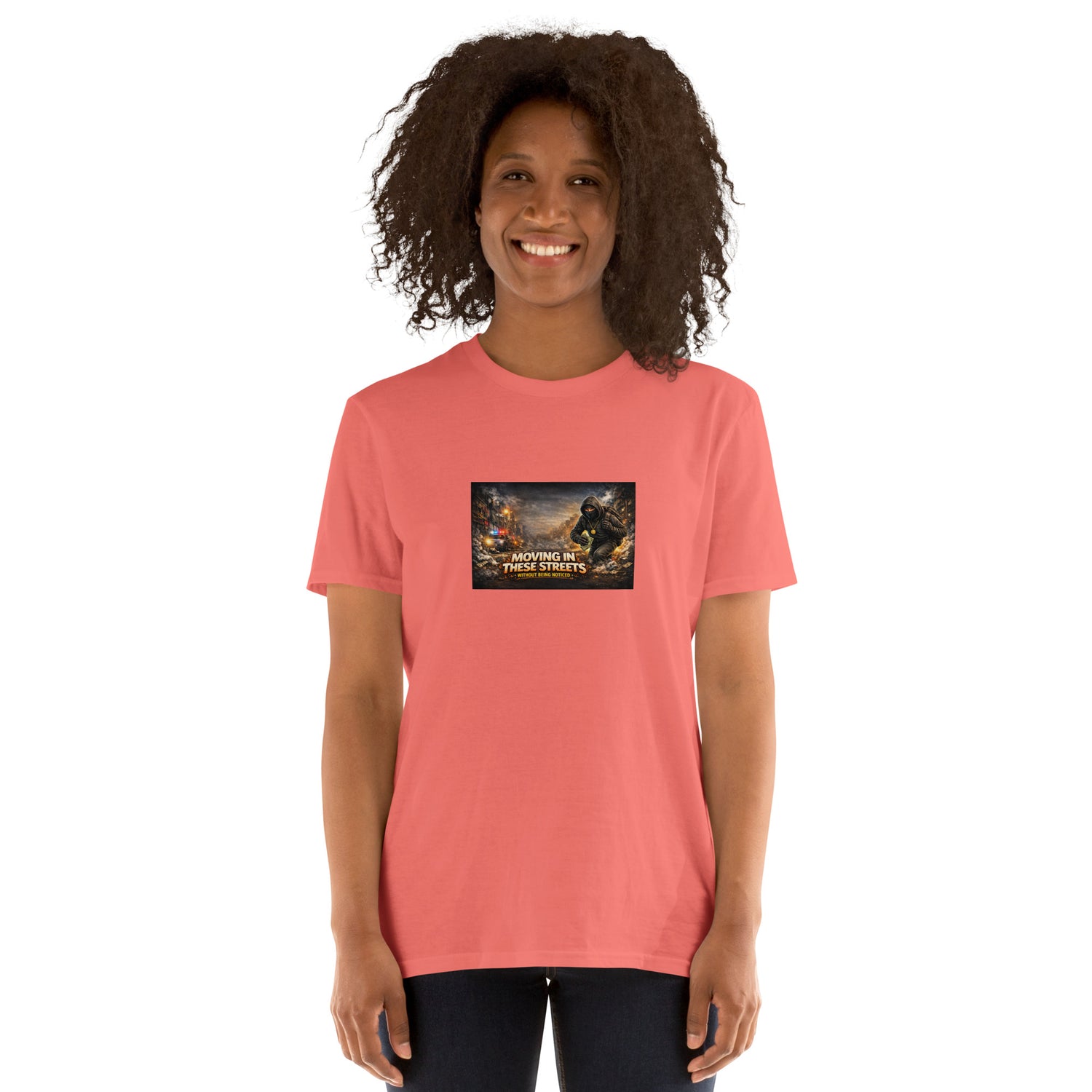 Coral red T-shirt with chest graphic print and crew neck