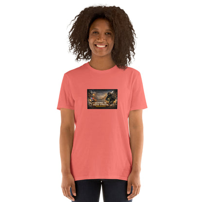 Coral red T-shirt with chest graphic print and crew neck