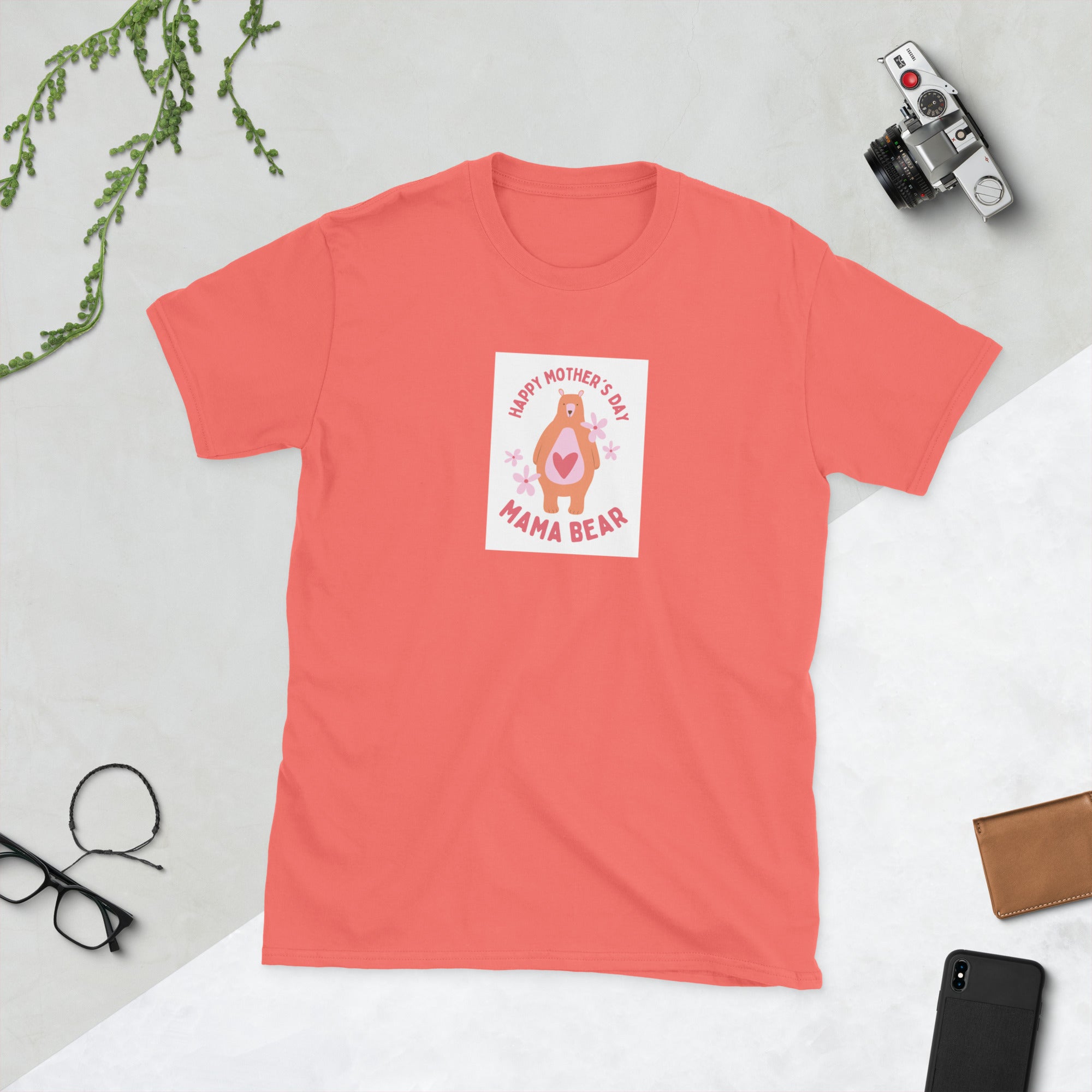 Happy Mother’s Day unisex T-shirt, coral front with “Mama Bear” graphic