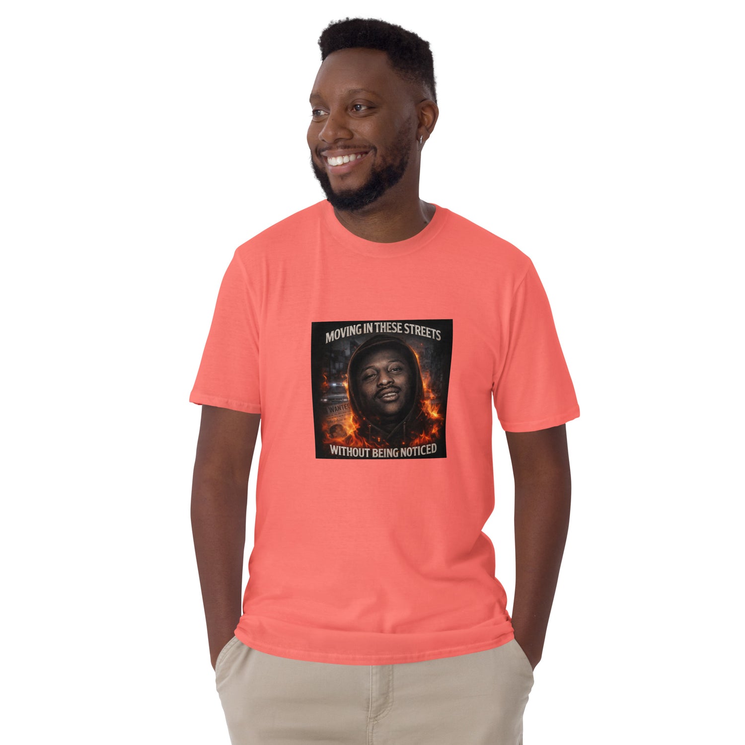Coral red unisex T-shirt with front photo graphic, crew neck