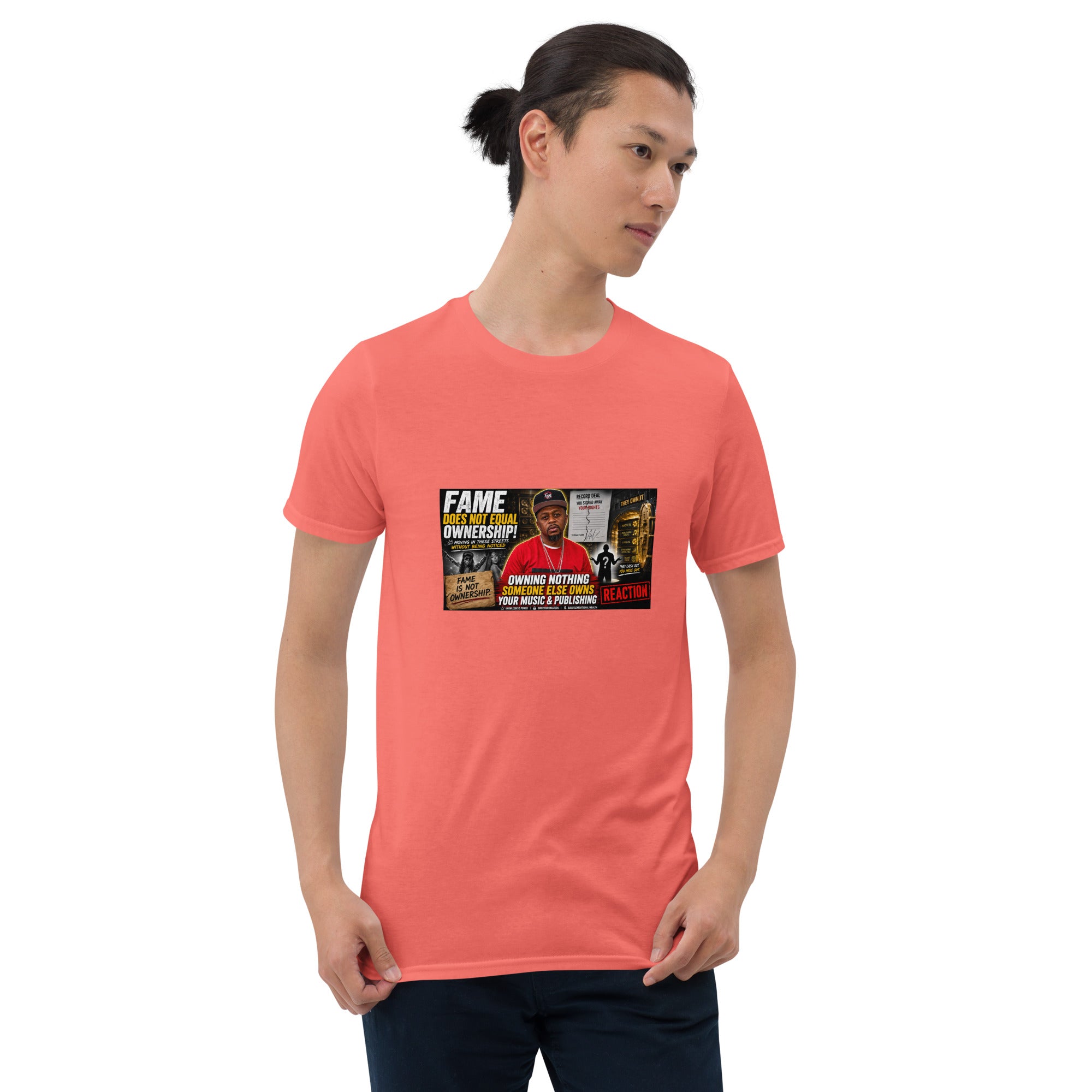 Coral unisex short-sleeve T-shirt with front graphic print and crew neckline.