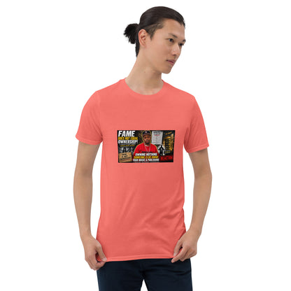 Coral unisex short-sleeve T-shirt with front graphic print and crew neckline.