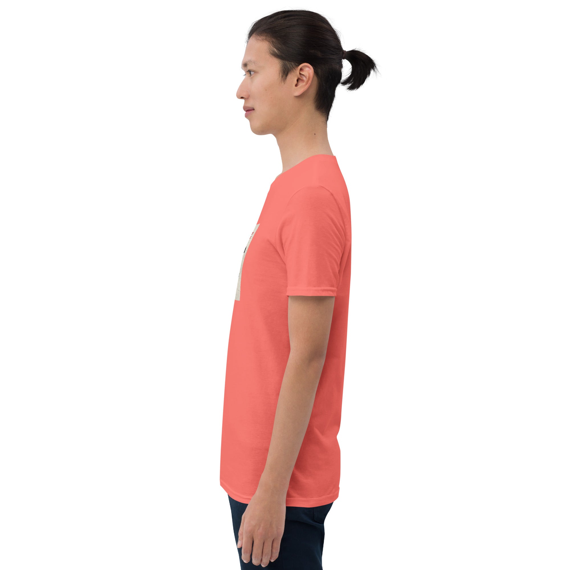 Coral/red T-shirt side profile, crew neck and short sleeves