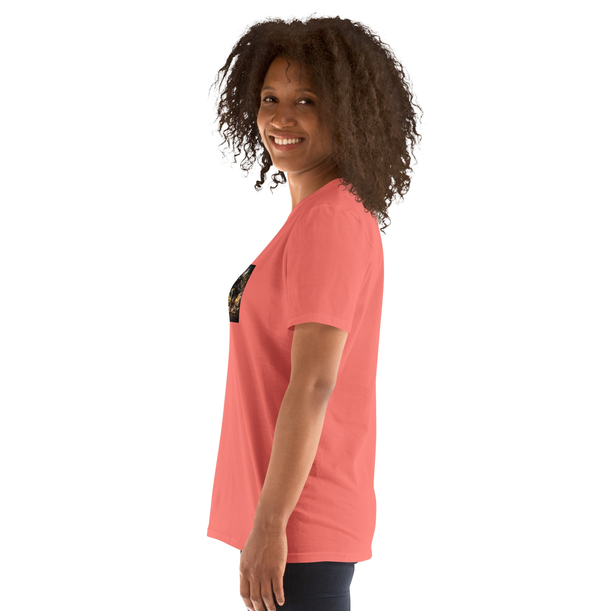 Coral red T-shirt side view, short sleeves and crew neck