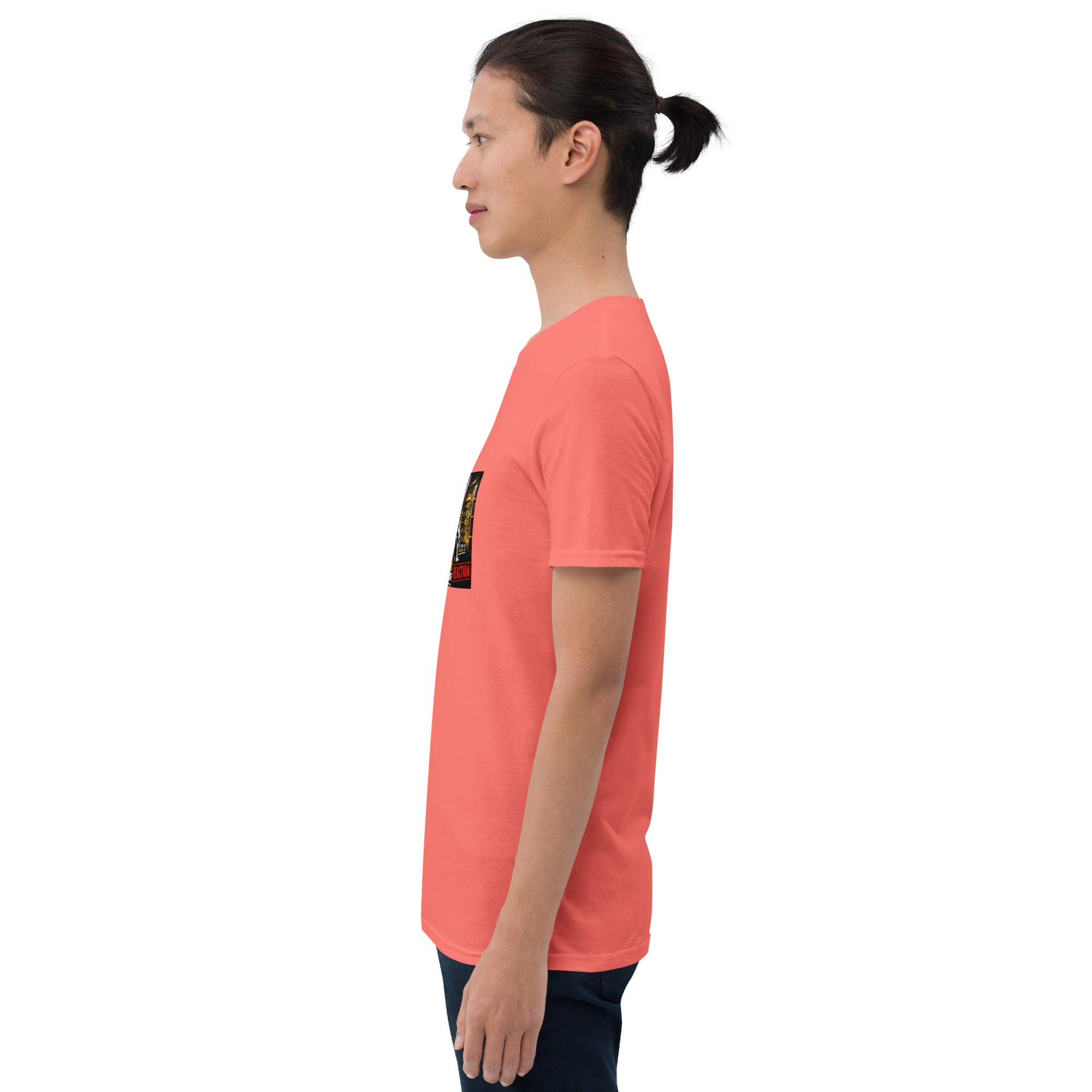 Coral unisex short-sleeve T-shirt, side view with graphic print detail at left.