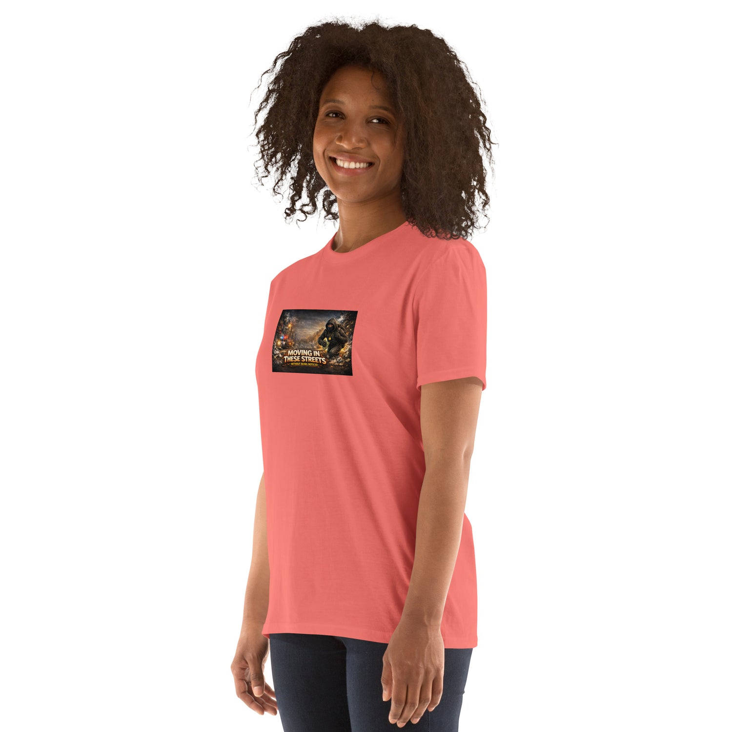 Coral red T-shirt with chest graphic print, short sleeves