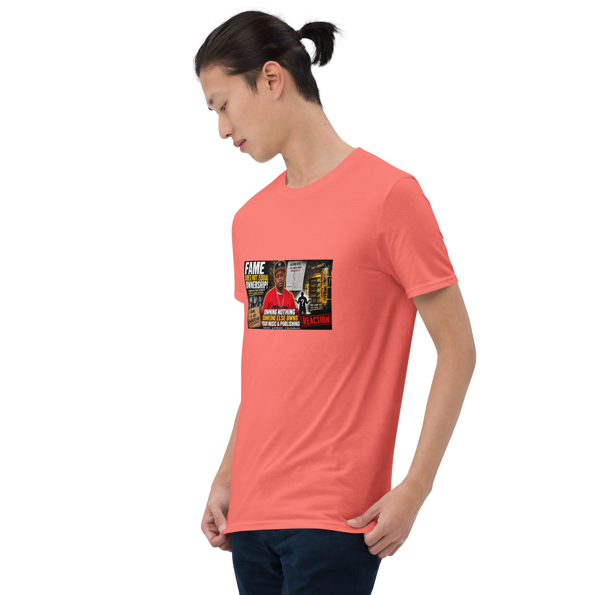 Coral unisex short-sleeve T-shirt with front graphic print, angled view.