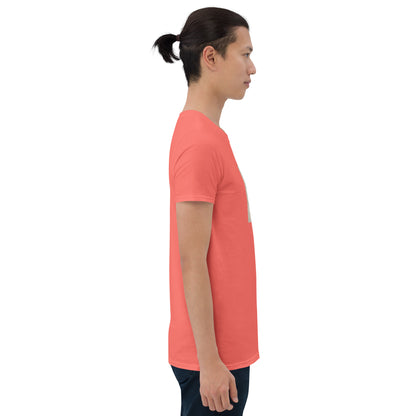 Coral/red T-shirt side view, smooth short sleeve fit