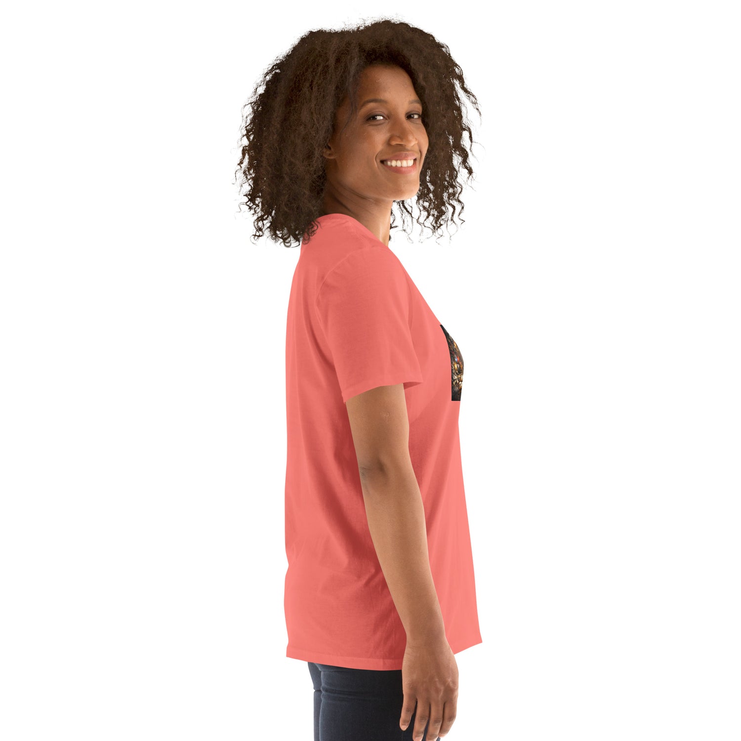 Coral red T-shirt side profile, crew neck and short sleeves