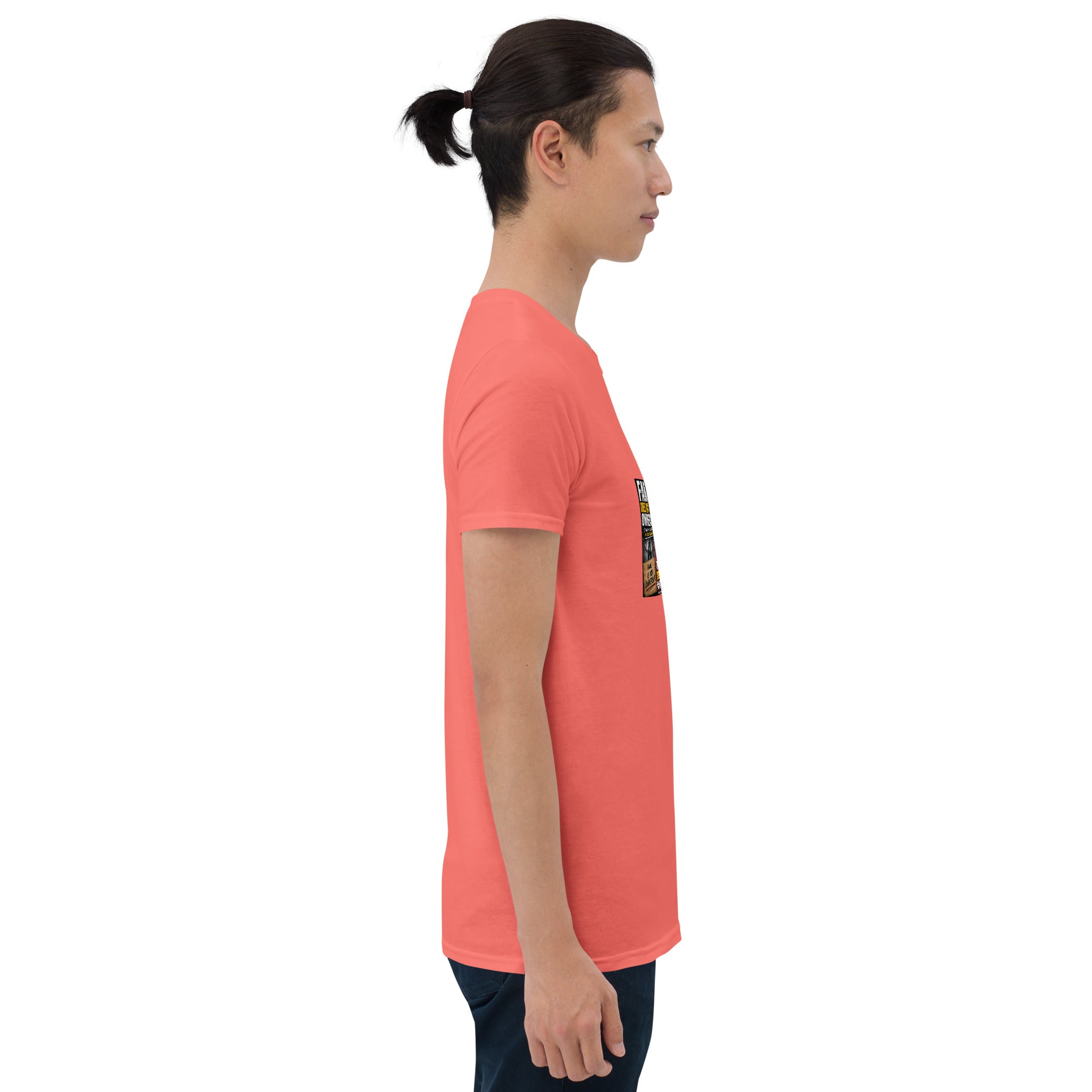 Coral unisex short-sleeve T-shirt with graphic print detail on the left side seam.