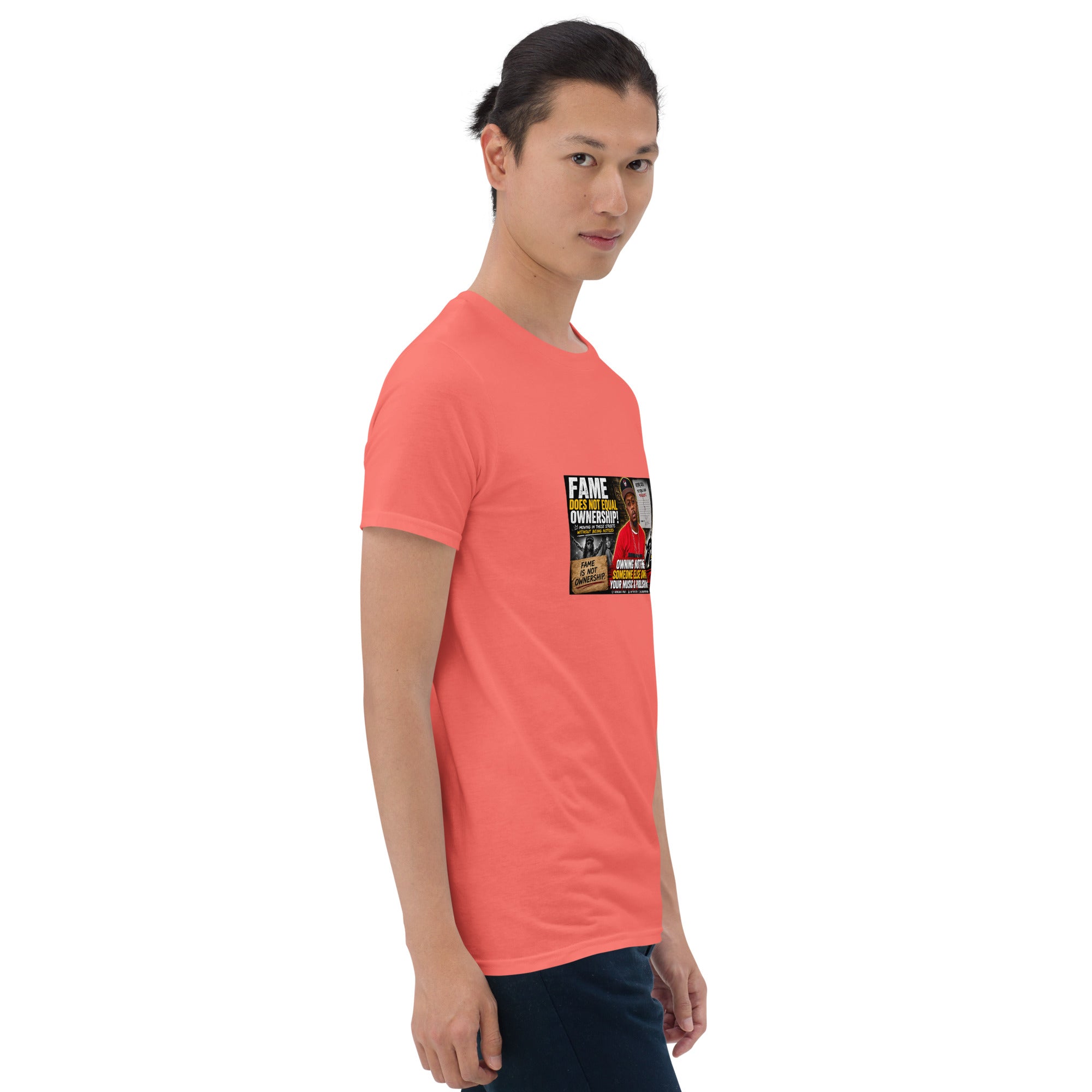 Coral unisex short-sleeve T-shirt with front graphic print, crew neck, straight hem.