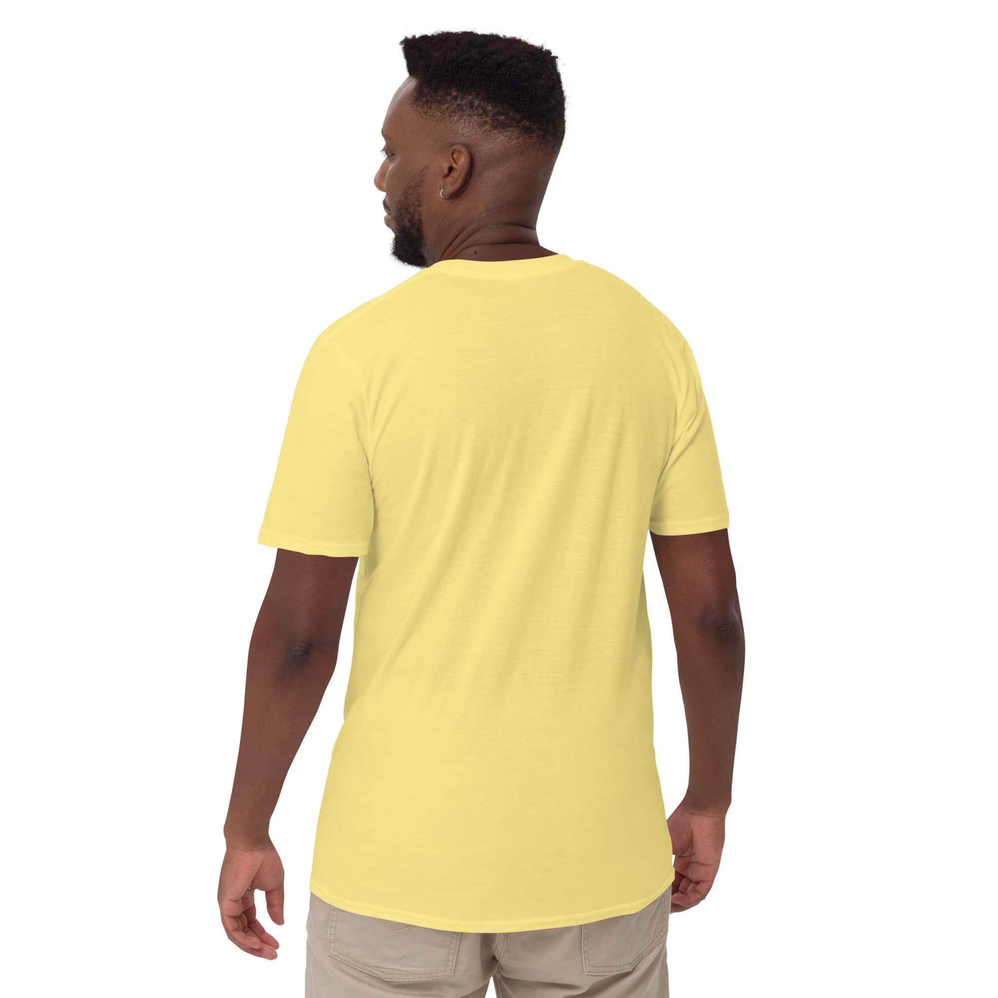 Gelbes Unisex-T-Shirt, Rundhalsausschnitt, Rückansicht ohne Aufdruck