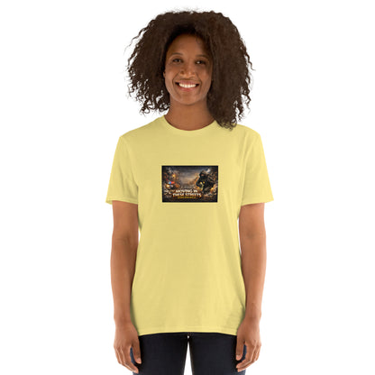 Daisy yellow T-shirt with front square graphic print, crew neck and short sleeves