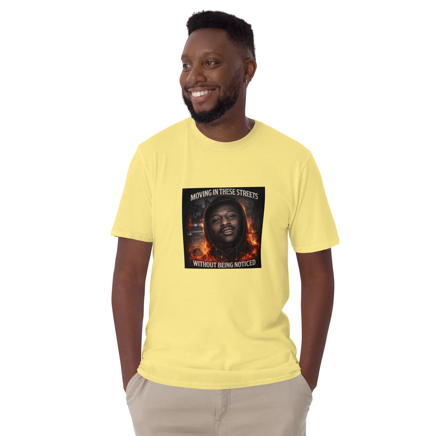 Gelbes Unisex-T-Shirt mit Rundhalsausschnitt und quadratischem Frontprint