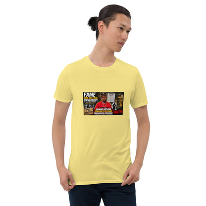 Unisex short-sleeve t-shirt, yellow, front view with colorful chest graphic print